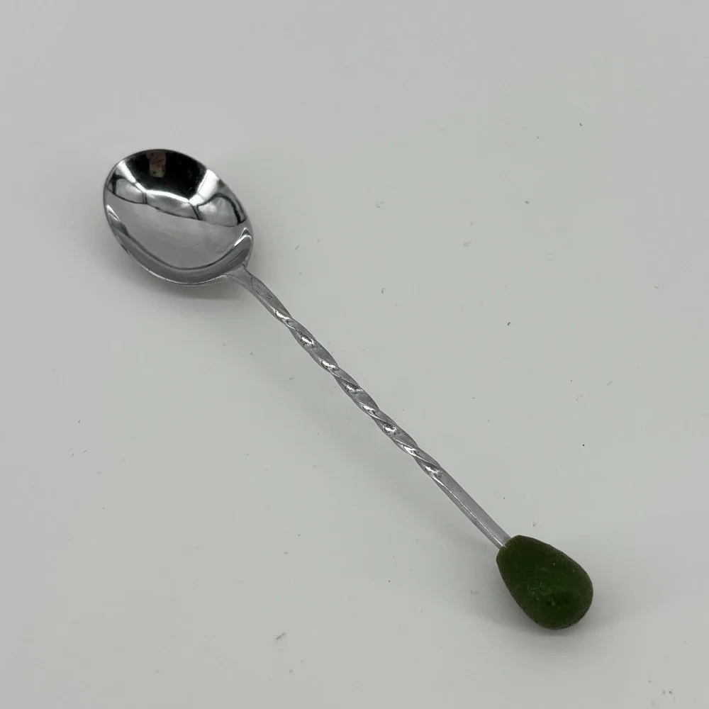 Vintage Bar Spoon Swizzle Japan Stainless Steel Twisted Hanlde 5in W/Green Wood‎